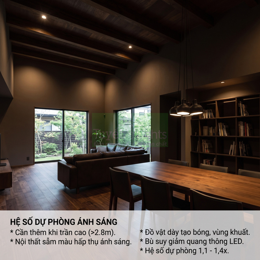 Phòng khách trần cao với sofa da nâu, bàn ăn gỗ dài, đèn thả LED và cửa kính lớn nhìn ra vườn xanh